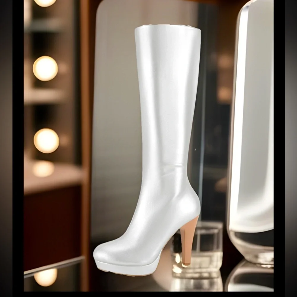 Women's Shiny Silver Round Toe Stiletto High Heels Knee High Boots With Zippers